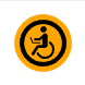 Orange-schwarzes UserWay Icon mit Rollifahrer am Rechner