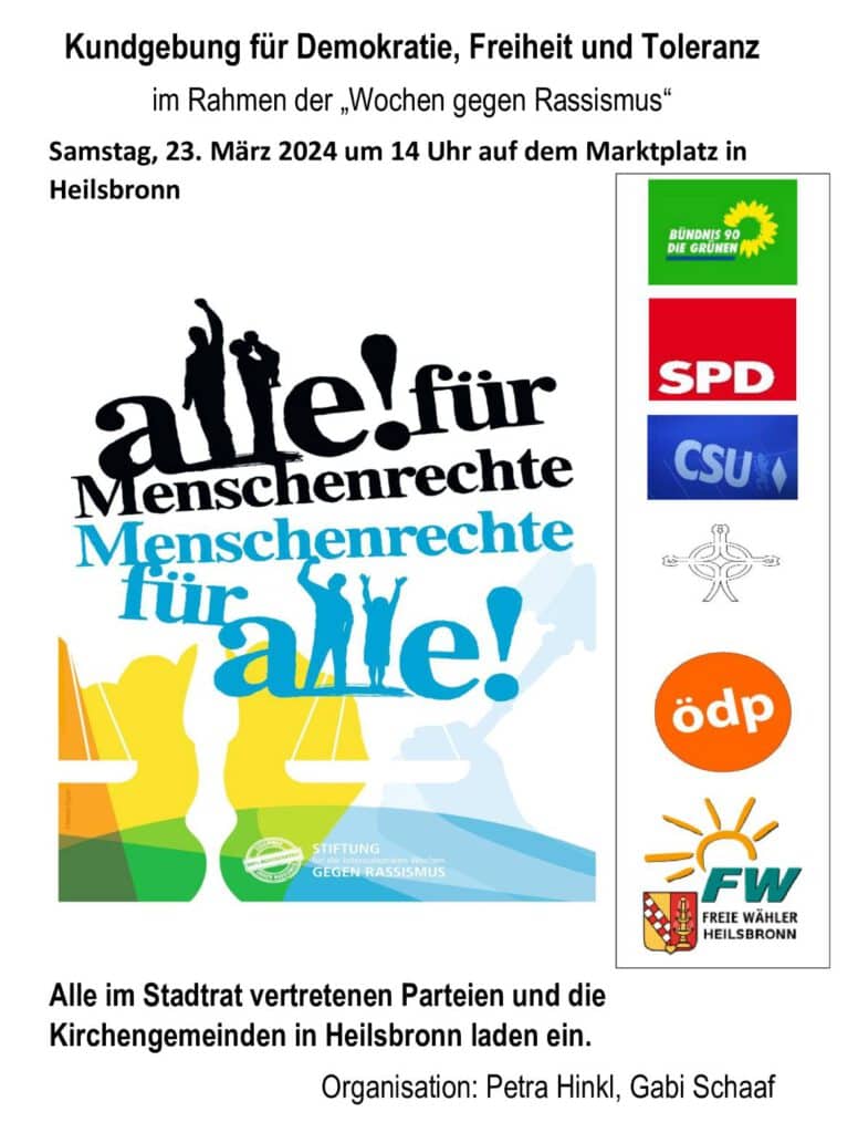 Heilsbronn demonstrierte am 23. März 2024 für Demokratie, Freiheit und Toleranz - 
Zur Kundgebung für Demokratie, Freiheit und Toleranz luden alle im Stadtrat vertretenen politischen Parteien (CSU, Freie Wähler Ortsverein Heilsbronn, Bündnis 90/Die Grünen, SPD, ÖDP) und die Kirchengemeinden in Heilsbronn ein. Sie stand unter dem Motto „Stop Rassismus! Zusammenhalt statt Spaltung!“ Die Organisation wurde von Gabi Schaaf und Petra Hinkl übernommen.